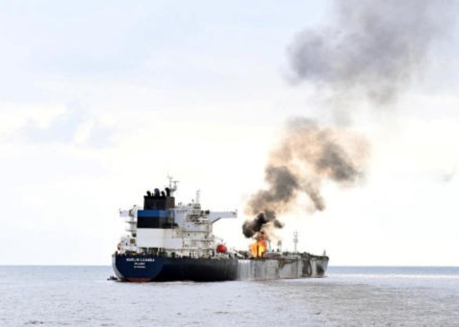 Smoke rises from Marlin Luanda, merchant vessel, after the vessel was struck by a Houthi anti-ship missile, at the location given as Gulf of Aden, in this handout picture released on Jan. 27, 2024. (Reuters)
