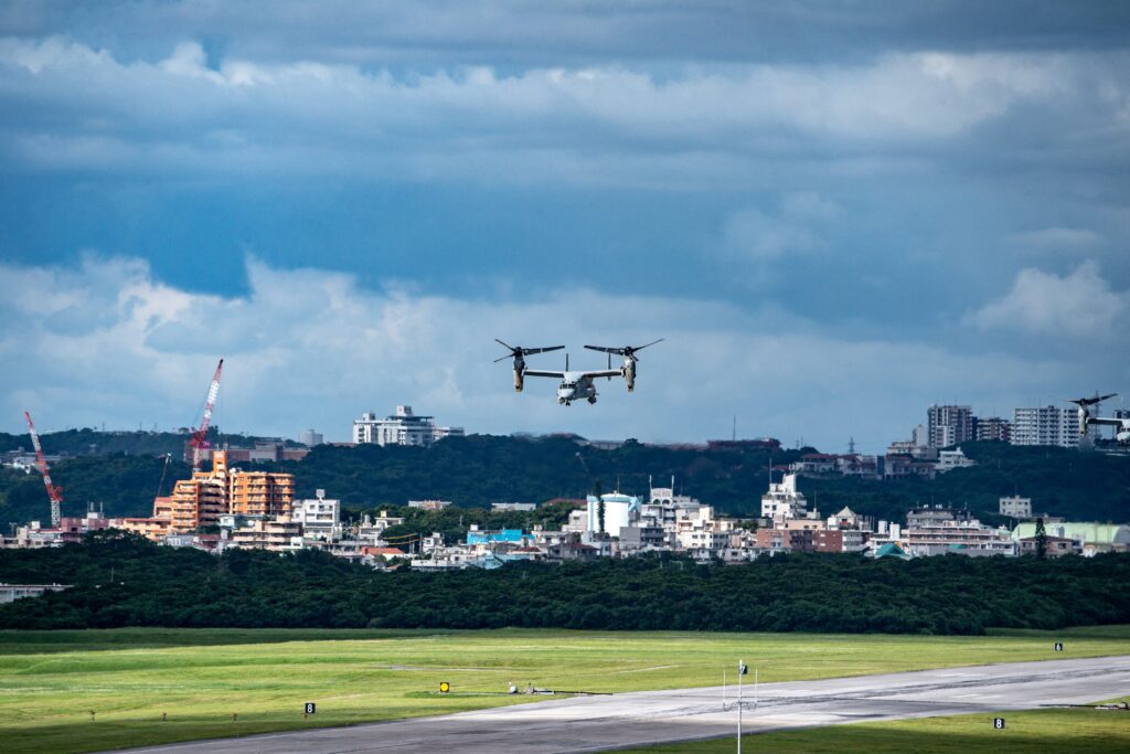 This photo taken on August 23, 2022 shows a US military Osprey aircraft at the US Marine Corps Air Station Futenma in the centre of the city of Ginowan, Okinawa prefecture. (AFP)
