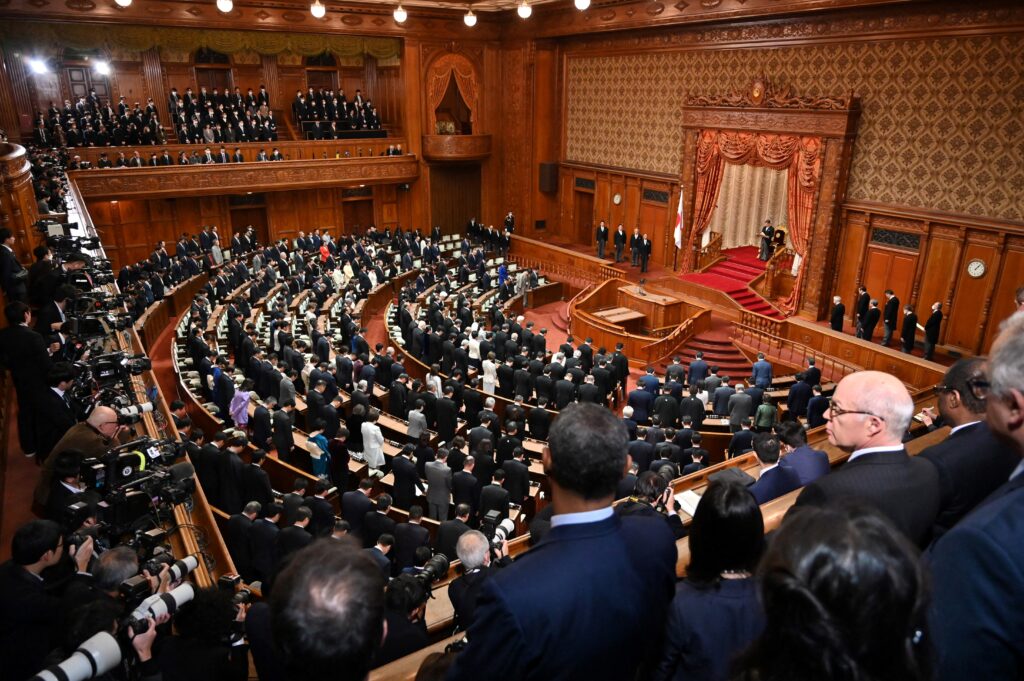 This photo shows a general view of the opening ceremony of the 213th Ordinary Diet session held in the House of Councilors plenary session hall of the Diet in Tokyo on January 26, 2024. (AFP)