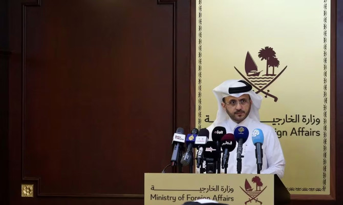 Majed Al-Ansari, Qatar's foreign ministry spokesperson, holds a weekly briefing at the ministry in Doha, Qatar. (Reuters/File)