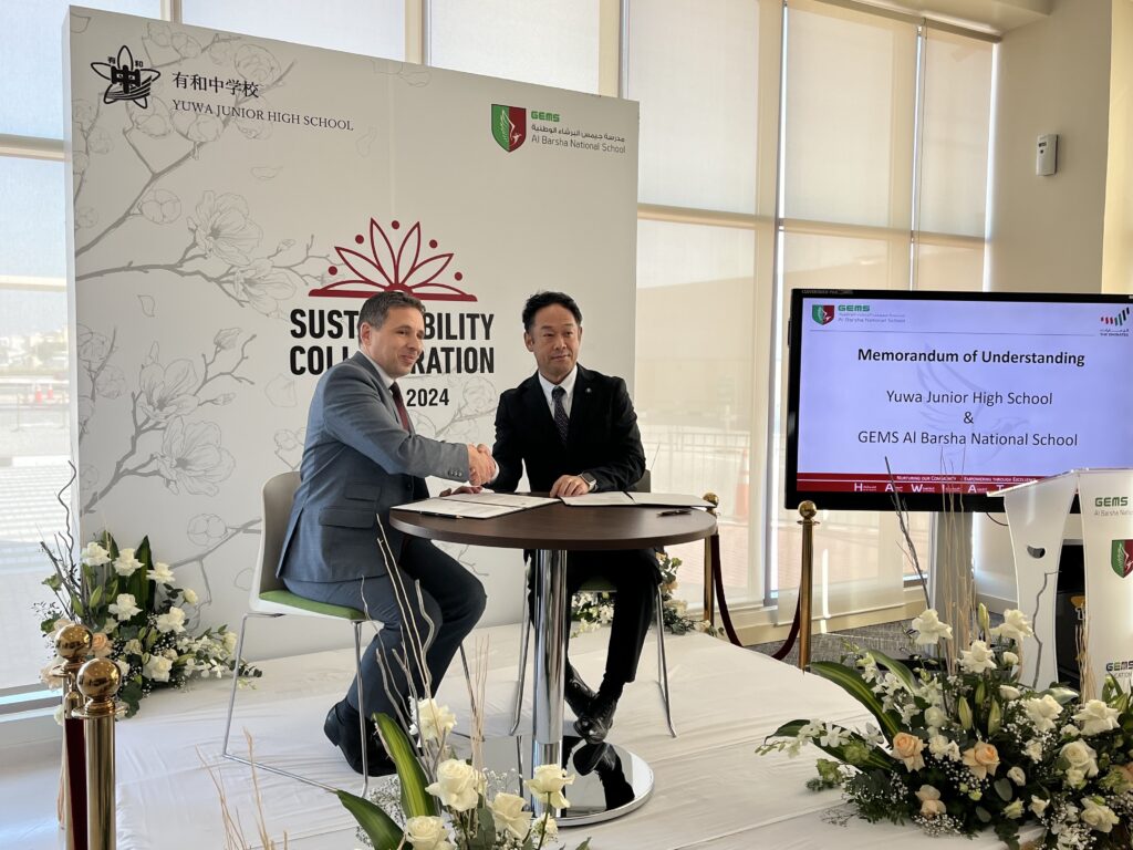 Arida City’s Mayor Yoshio Mochizuki (R) and Karim Murcia (L), the principal of Dubai’s GEMS Al Barsha National School. (Supplied)