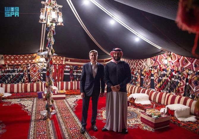 Saudi Arabia’s Crown Prince Mohammed bin Salman receives US Secretary of State Antony Blinken at the Winter Tent in AlUla on Monday. (SPA)
