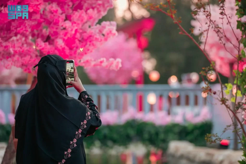 The spot witnessed a huge turnout as visitors came to enjoy the views of the Japanese Sakura, the cherry blossoms, which symbolize beauty in Japanese culture. (SPA)