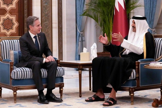 US Secretary of State Antony Blinken meets with Qatar's Emir Sheikh Tamim bin Hamad al-Thani at Lusail Palace, in Doha on February 6, 2024. (AFP)