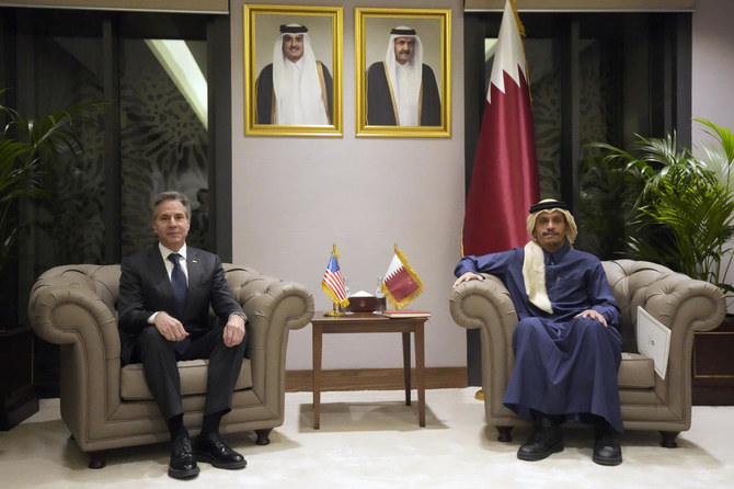 US Secretary of State Antony Blinken meets with Qatar's Emir Sheikh Tamim bin Hamad al-Thani at Lusail Palace, in Doha on February 6, 2024. (AFP)