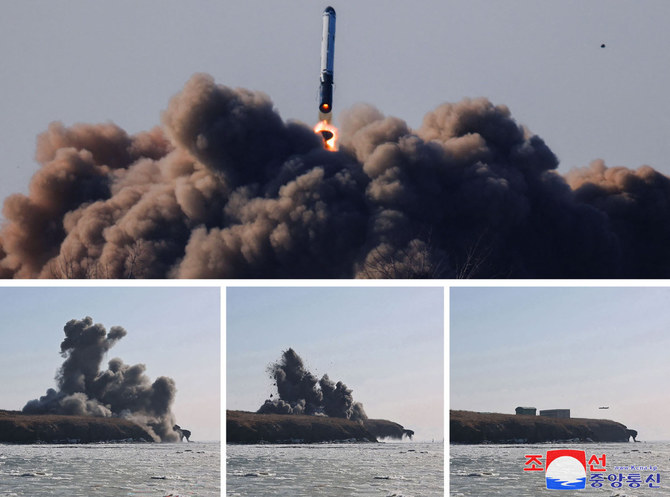 This combination picture taken on Feb. 2, 2024 shows North Korean troops conducting a cruise missile super-large warhead power test in the West Sea of Korea. (KCNA/AFP)