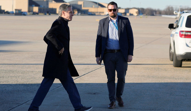 US Secretary of State Antony Blinken walks to board a plane, en route to Saudi Arabia, as part of his fifth urgent trip to the Middle East since the war between Israel and the Palestinian Islamist group Hamas in Gaza erupted in October, at Joint Base Andrews, in Maryland, US, February 4, 2024. (REUTERS)