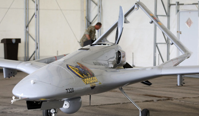 A Turkish Bayraktar TB2 combat drone is on view during a presentation at the Lithuanian Air Force Base in Siauliai, Lithuania, on July 6, 2022. (AFP feel photo)