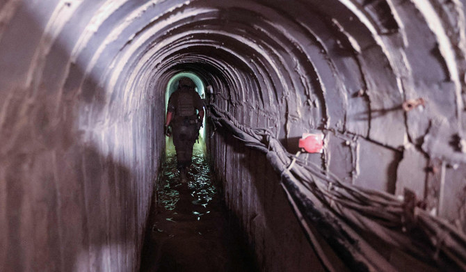 Israeli soldiers inside a tunnel that the army claimed is a