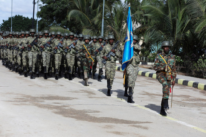 Somalia National Army soldiers march during celebrations in Mogadishu on April 12, 2022. (AFP / File)