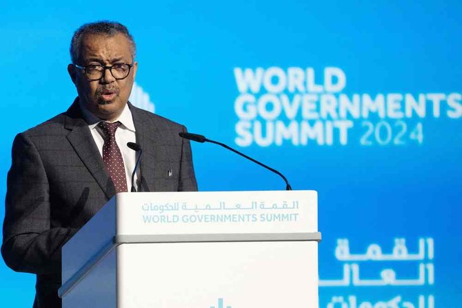 World Health Organization (WHO) chief Tedros Adhanom Ghebreyesus addresses the opening session of the World Governments Summit in Dubai on February 12, 2024. (AFP)
