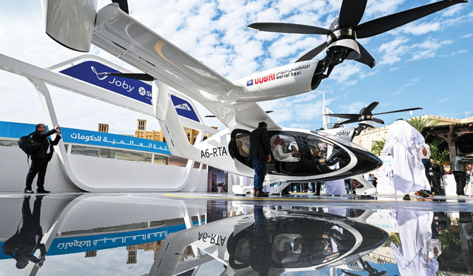 A pre-production prototype of the Joby Aviation S4 aircraft is displayed during the World Governments Summit in Dubai on February 12, 2024. (AFP)