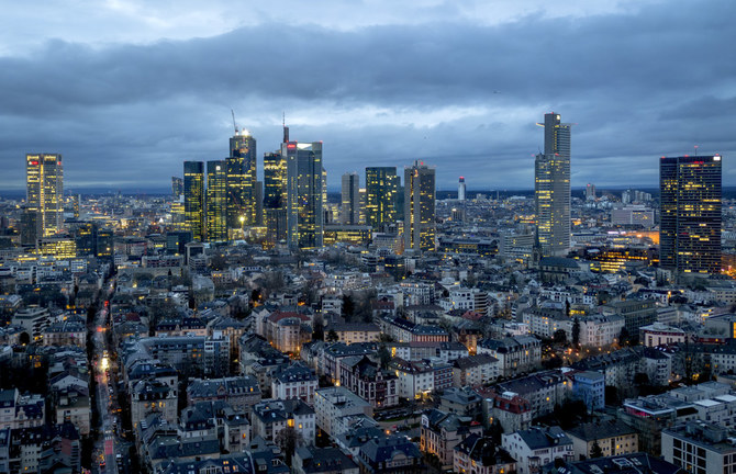 The buildings of the banking district are pictured in Frankfurt, Germany, early on Feb. 12, 2024. (AP Photo)