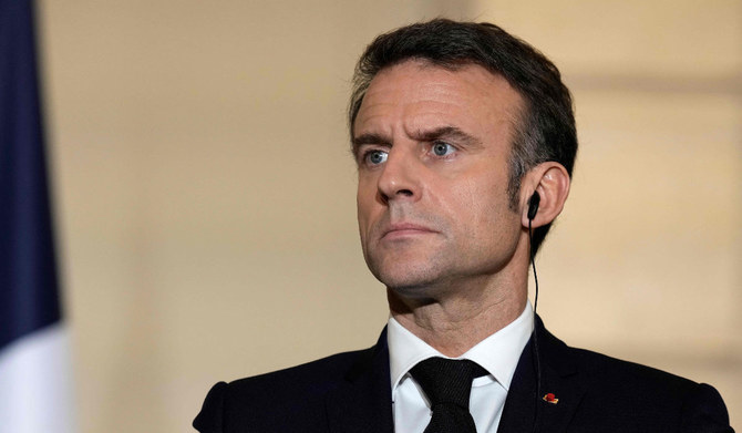 France's President Emmanuel Macron looks one during a press conference with Ukraine's President at the presidential Elysee palace in Paris on February 16, 2024, after signing a bilateral security agreement. (AFP)