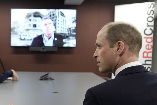 Britain’s Prince William visits the British Red Cross at its headquarters in London, Tuesday, Feb. 20, 2024. (AP)