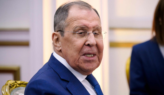 Russian Foreign Minister Sergei Lavrov speaks during a meeting with Venezuela's President Nicolas Maduro (out of frame) at the Miraflores Presidential Palace in Caracas, on February 20, 2024. (AFP)