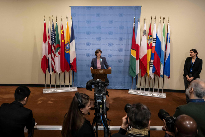 Catherine Colonna, Chair of the Independent Review Group on the United Nations Relief and Works Agency, speaks to the press at UN headquarters on February 22, 2024 in New York. (AFP)