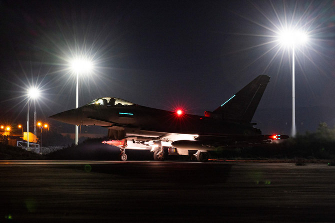 A handout picture released by the British Ministry of Defence (MOD) on February 24, 2024 shows one of four RAF Typhoon aircraft at RAF Akrotiri in Cyprus, involved in striking military targets in Yemen. (MOD handout via AFP)