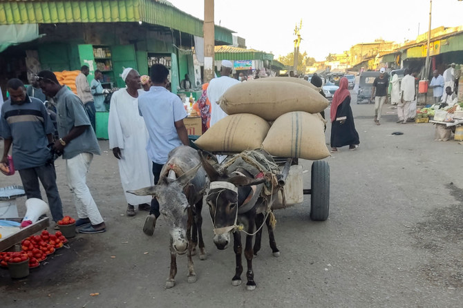 A man steers his donkey-drawn carriage, the preferred mode of transport for people and goods, as fuel prices rise due to internal fighting, in Gedaref state in eastern Sudan on Feb. 20, 2024. (AFP)