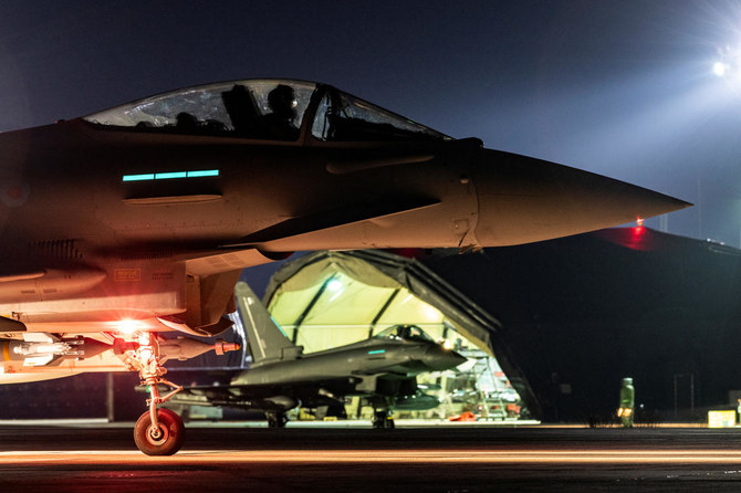 A Royal Air Force Typhoon aircraft is prepared to conduct further strikes against Houthi targets, February 24, 2024. (REUTERS)