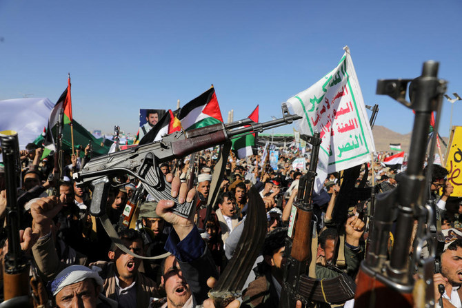Protesters, mainly Houthi supporters, rally in solidarity with the Palestinians in Sanaa, Yemen on Feb. 23, 2024. (Reuters)