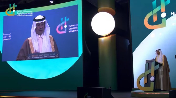 Saudi Minister of Energy Prince Abdulaziz bin Salman speaking at the Human Capability Initiative in Riyadh.