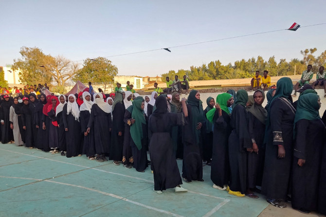 Young Sudanese women attend a military training in the city of Gedaref, eastern Sudan, on Feb. 26, 2024, in a show of support for the Sudanese Armed Forces. (AFP photo)