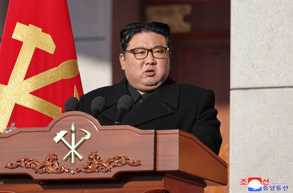 This picture taken on February 8, 2024 and released by North Korea's official Korean Central News Agency (KCNA) on February 9 shows North Korean leader Kim Jong Un delivering a speech at the Ministry of National Defence in Pyongyang. (AFP)