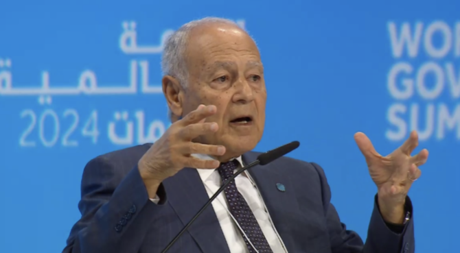 Speaking at the World Governments Summit in Dubai, Ahmed Aboul Gheit also reiterated his warning of the “dangerous consequences” of Israel’s ongoing assault on Rafah. (Screenshot/WGS)