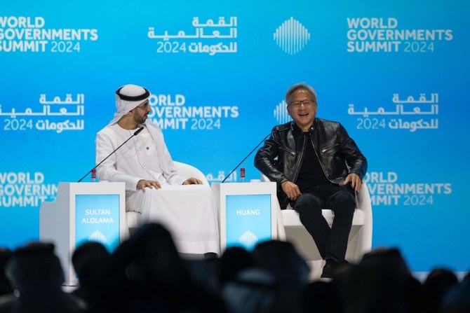 UAE's Sultan Al-Olama and NVIDIA CEO Jensen Huang discuss advances in computer architecture. (Supplied)