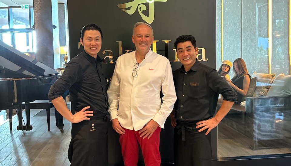 Chef Christian Le Squer (M) with Chef Taka( (L) and Chef Hisa (R) on Feb. 21, 2024. (ANJ)