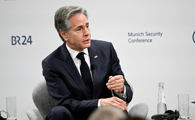 US Secretary of State Antony Blinken takes part in a panel discussion at the Munich Security Conference (MSC) in Munich, on Feb. 17, 2024. (Reuters)