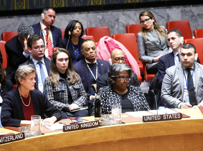 US envoy Linda Thomas-Greenfield vetos a UN Security Council resolution calling a Gaza ceasefire on Feb. 20, 2024. (REUTERS)