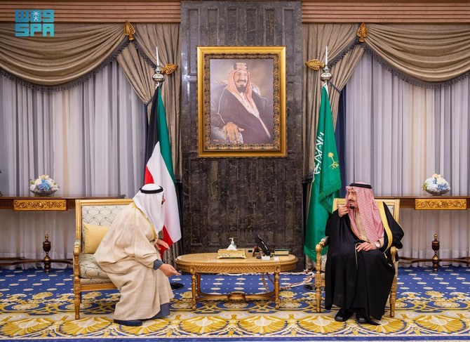 Kuwait’s Emir Sheikh Mishal Al-Ahmad Al-Jaber Al-Sabah was received by King Salman at the Royal Court in Riyadh on Tuesday.