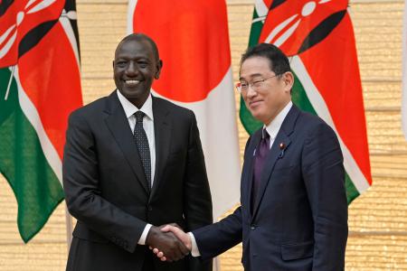 Kenya's President William Ruto (left) and Japan's Prime Minister Fumio Kishida shake hands after the end of their joint press conference at the prime minister’s office in Tokyo on February 8, 2024. (AFP)