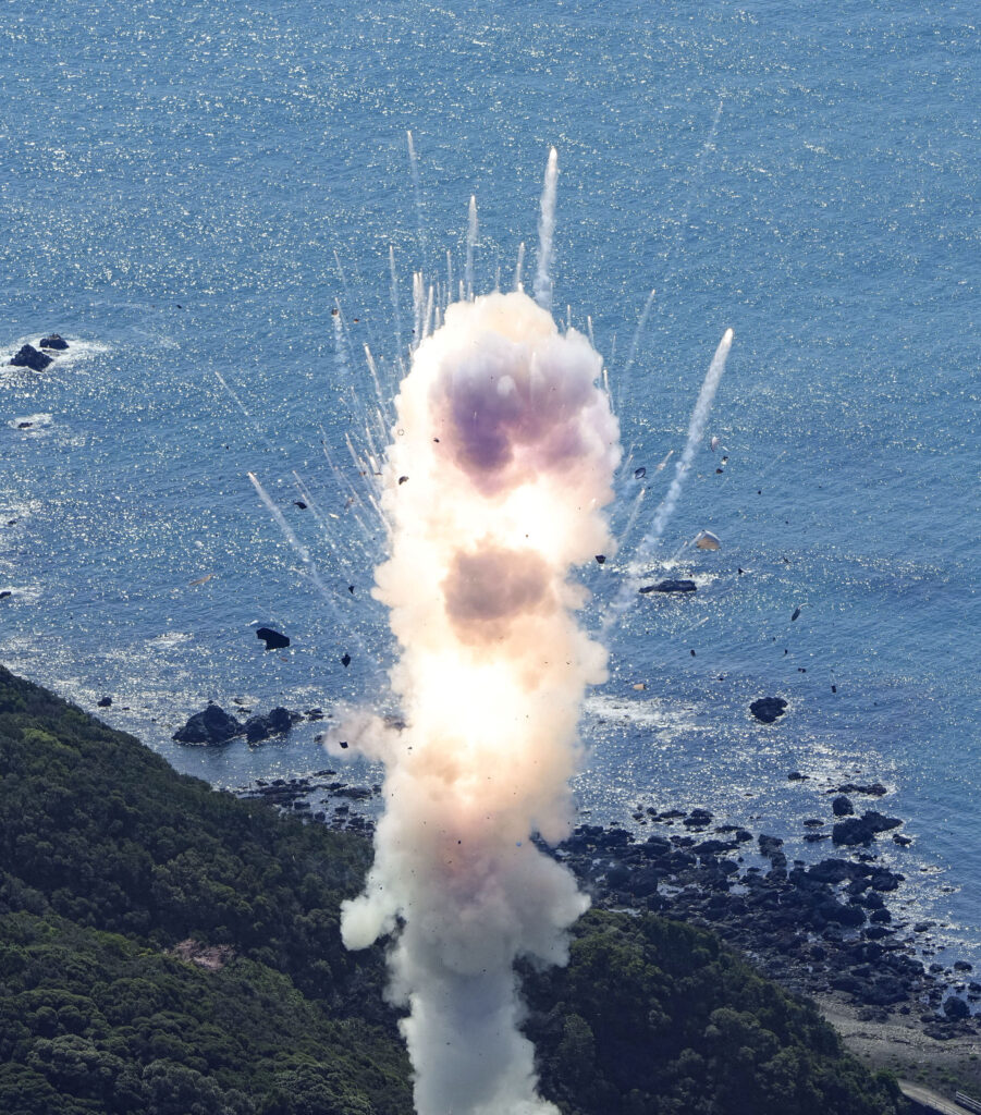 Japan's Space One's small, solid-fueled Kairos rocket exploded shortly after its inaugural launch in Kushimoto town, Wakayama prefecture, Japan March 13, 2024, in this photo taken by Kyodo. (Kyodo via REUTERS)