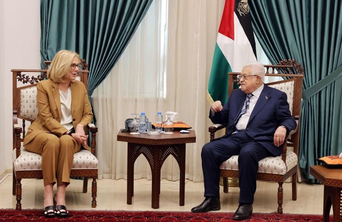 Palestinian president Mahmoud Abbas meets with UN Senior Humanitarian and Reconstruction Coordinator for Gaza Sigrid Kaag, Ramallah, occupied West Bank, Feb. 29, 2024. (AFP)