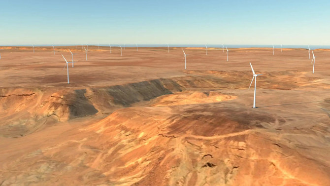 The Dumat Al Jandal Wind Farm in Jouf province, the first and largest of its kind in Saudi Arabia, became operation in 2022, with 99 turbines producing 400 MW of electricity. (Photo courtesy: Vision2030)