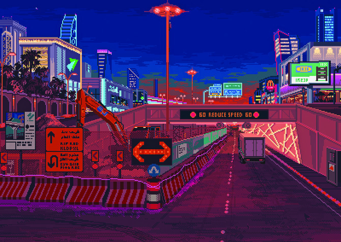 Saudi artist Khaled Makshoush captures a variety of sights from the Kingdom’s capital, from construction sites with cranes to the iconic streets of the capital and the serene terracotta-coloured desert. (Pixel Art by Khaled Makshoush)