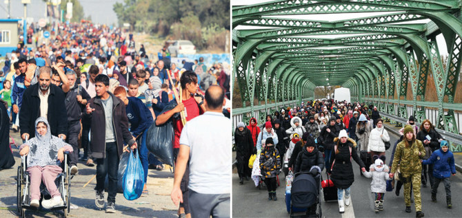 Left: Palestinian refugees flee Gaza City amid ongoing battles between Israel and Hamas in late 2023. Right: Ukrainian refugees cross the border into Poland following Russia’s full-scale invasion in early 2022. (AFP photos)