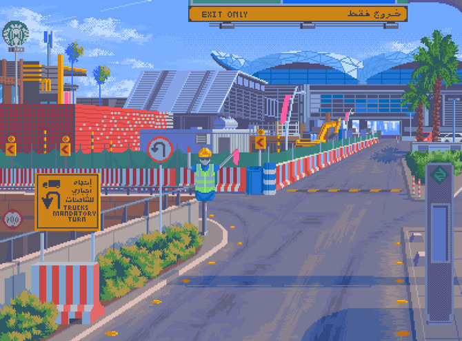Saudi artist Khaled Makshoush captures a variety of sights from the Kingdom’s capital, from construction sites with cranes to the iconic streets of the capital and the serene terracotta-coloured desert. (Pixel Art by Khaled Makshoush)