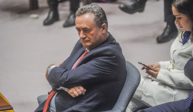 Israel's Foreign Affairs Minister Israel Katz listens during a meeting of the United Nations Security Council on the war in Gaza, Monday March 11, 2024, at UN headquarters. (AP)