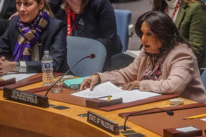 Pramila Patten, right, United Nations Special Representative of the Secretary-General on Sexual Violence in Conflict, addresses meeting of the United Nations Security Council on the war in Gaza at UN headquarters. (AP)
