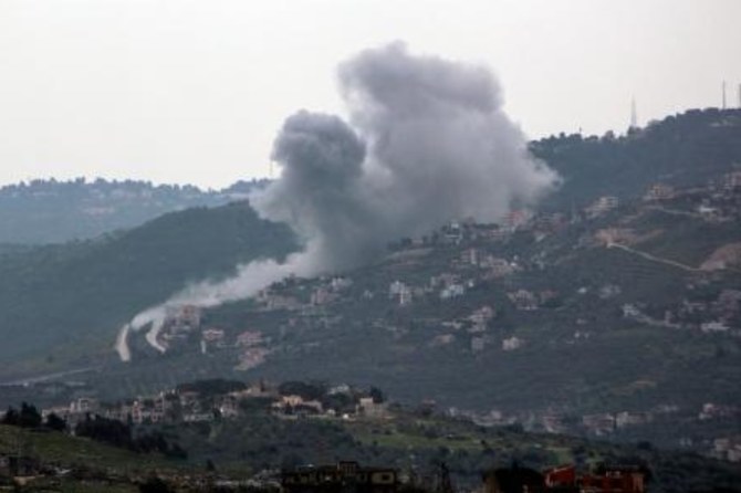Smoke billows from the site of an Israeli airstrike on the southern Lebanese village of Adaysseh on the border with Israel on March 21, 2024. (AFP)