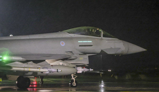 In this image provided by the UK Ministry of Defence, a Royal Air Force Typhoon FGR4 takes off to carry out air strikes against Houthi military targets in Yemen, from RAF Akrotiri, Cyprus, Monday, Jan. 22, 2024. (AP)