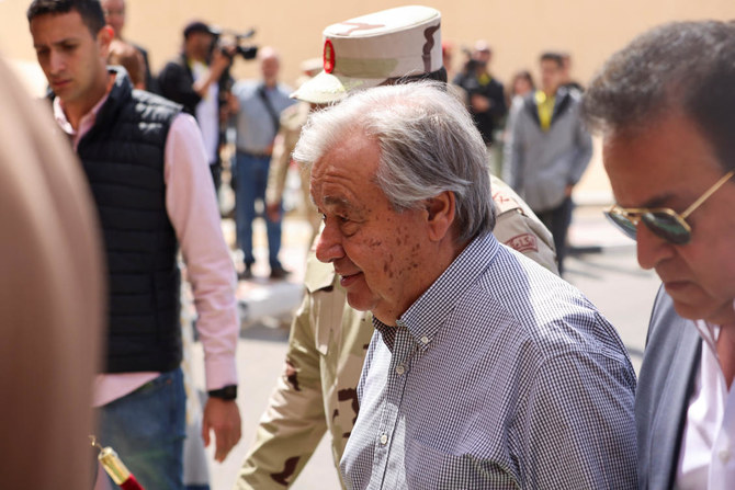 United Nations Secretary-General Antonio Guterres walks at Al Arish airport, amid the ongoing conflict between Israel and the Palestinian Islamist group Hamas, in Egypt March 23, 2024. (Reuters)