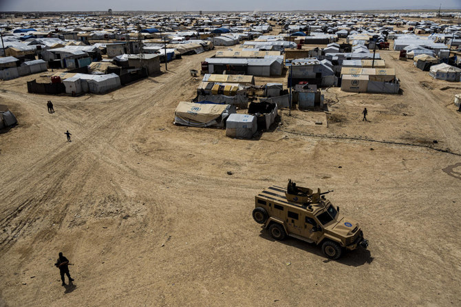 Kurdish forces patrol Al-Hol camp, which houses families of members of Daesh group in Hasakah province, Syria, on Apr. 19, 2023. (AP/File)