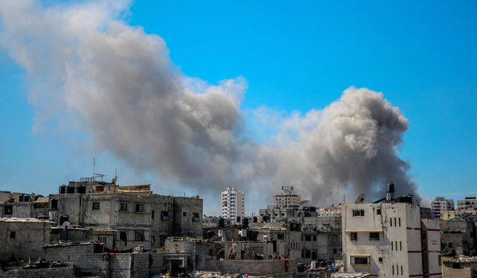 A picture shows smoke billowing after Israeli bombardment in the vicinity of the Al-Shifa hospital in Gaza City on March 21, 2024, amid ongoing battles between Israel and the militant group Hamas. (AFP)