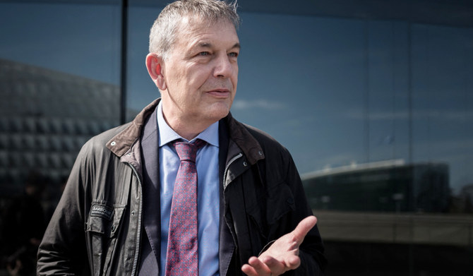 UNRWA Commissioner General Philippe Lazzarini gestures after a meeting with the Foreign Affairs Committee of the Swiss Federal Parliament's National Council in Geneva, on March 26, 2024. (AFP)