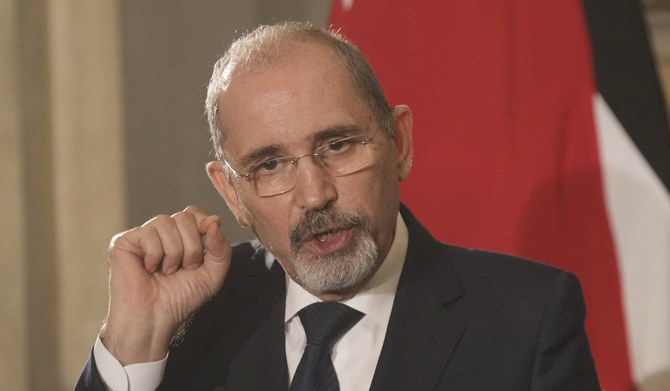 Jordanian Foreign Minister Ayman Safadi speaks during a joint press conference with his counterparts, Egyptian Foreign Minister Sameh Shoukry, and French Foreign Minister Stephane Sejourne, at Tahrir palace in Cairo, Egypt, Saturday, March 30, 2024. (AP)